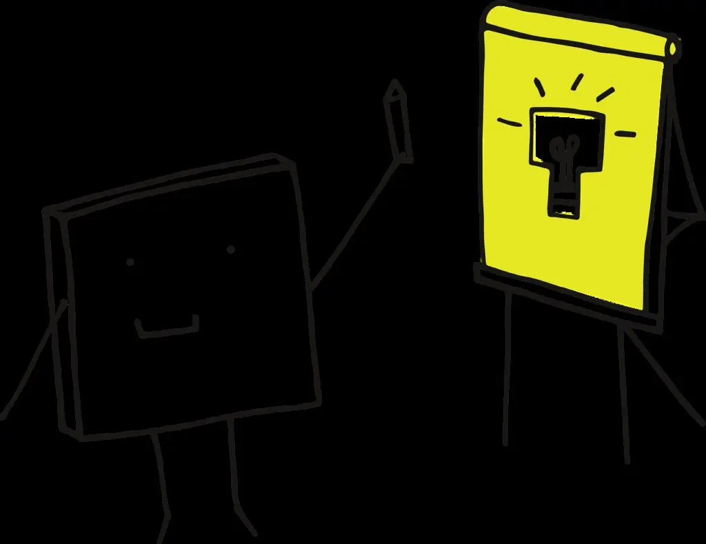 Cartoon block figure next to presentation board with a light bulb drawing