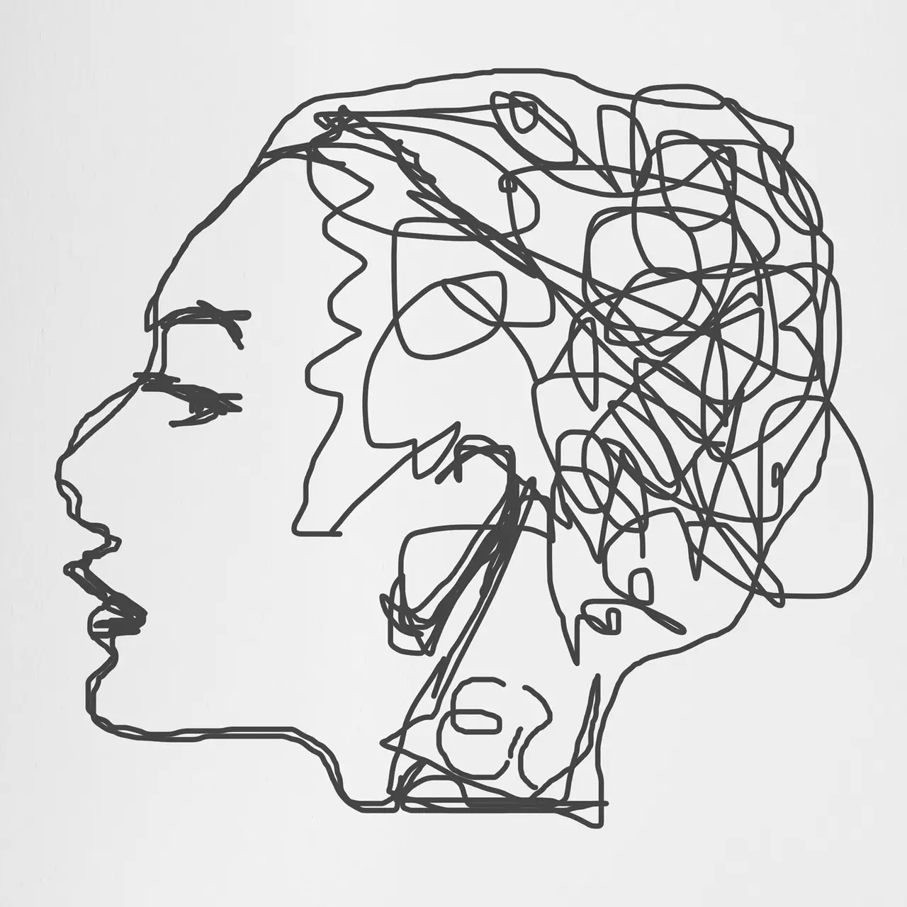 Abstract line drawing of confused or anxious woman's head