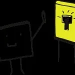 Cartoon block figure next to presentation board with a light bulb drawing
